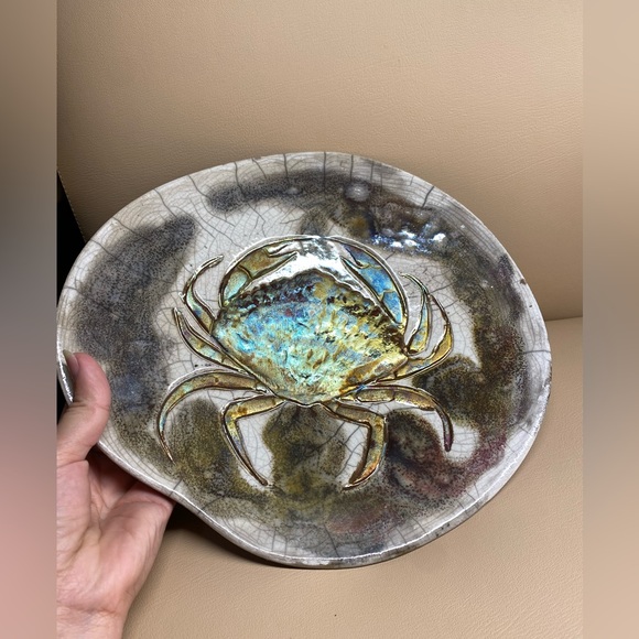 Crab Raku Art Pottery Glazed Decorative Plate Bowl 10 3/4” - Picture 9 of 9